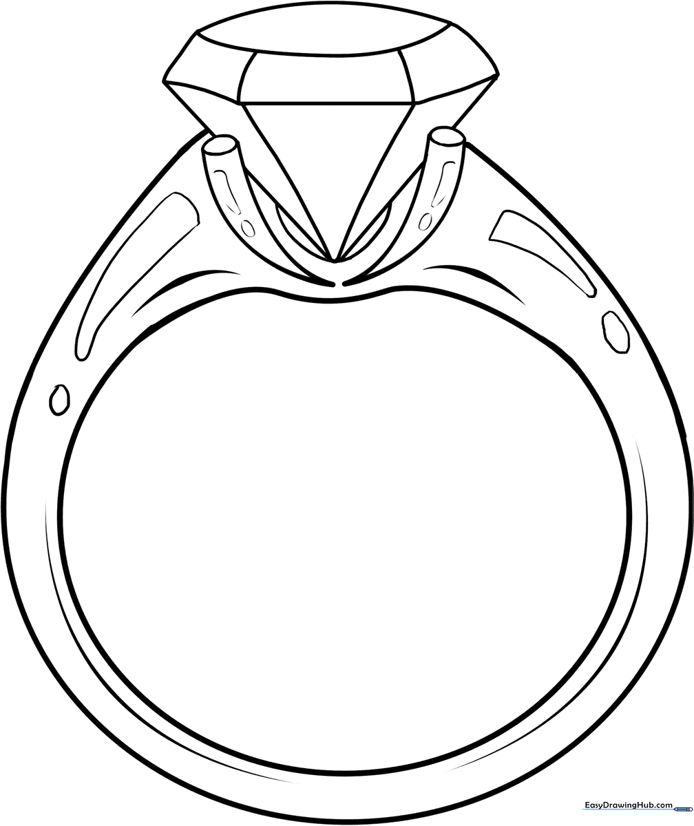 Black and white line art of a diamond ring featuring a large faceted gemstone on a simple band, ready for coloring.