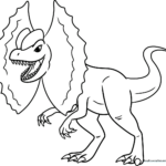Black and white line art of a Dilophosaurus dinosaur with its signature dual crests, designed for children to color.