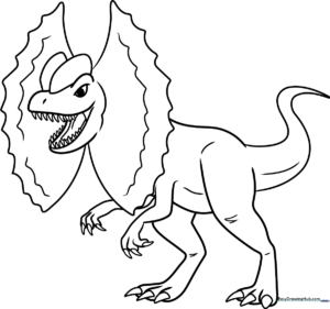 Black and white line art of a Dilophosaurus dinosaur with its signature dual crests, designed for children to color.