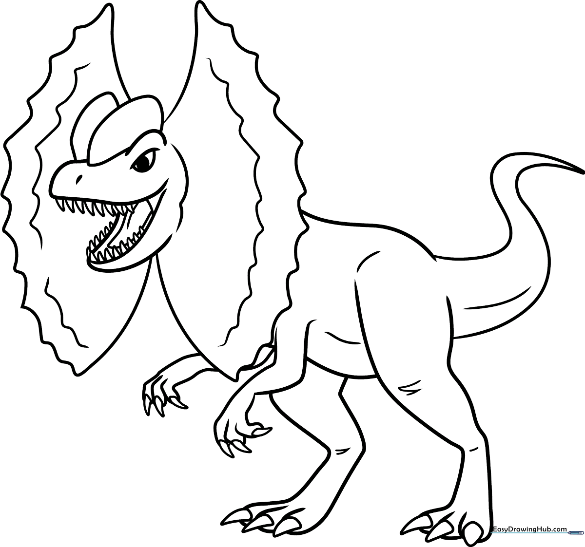Black and white line art of a Dilophosaurus dinosaur with its signature dual crests, designed for children to color.
