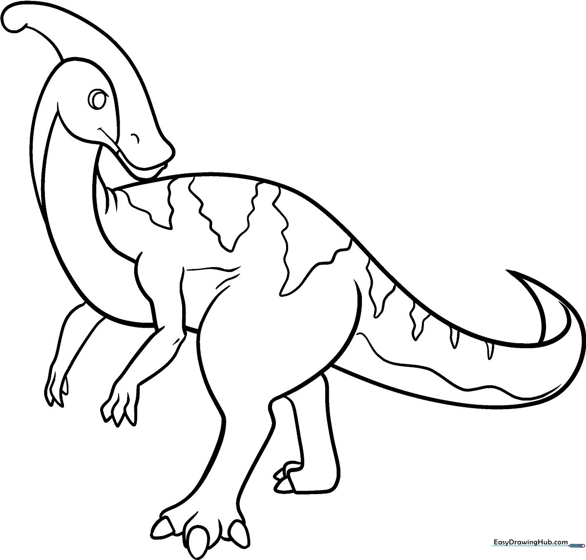 Black and white line art of a friendly cartoon dinosaur with rounded features, perfect for children to color with crayons or markers.