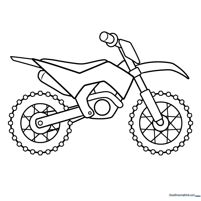 Black and white line art of a motocross dirt bike with knobby tires, ready for children to color with crayons or markers.