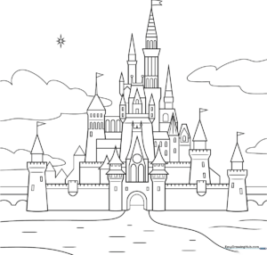 Black and white line art of a whimsical Disney-style castle with tall spires and arched windows, ready for coloring.