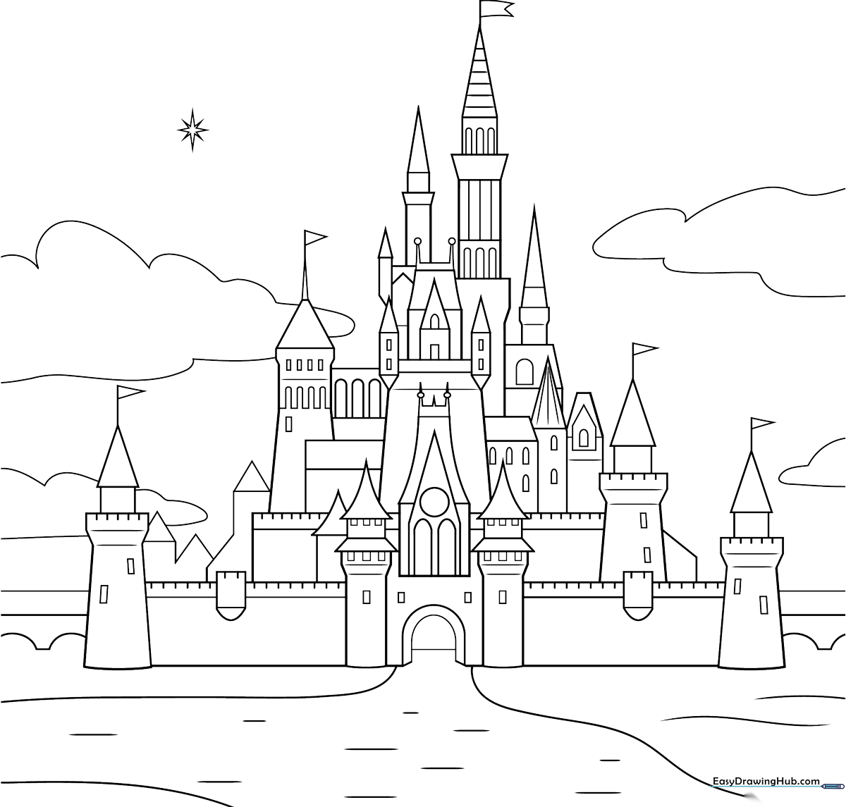 Black and white line art of a whimsical Disney-style castle with tall spires and arched windows, ready for coloring.