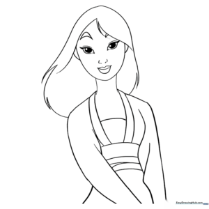 Printable Mulan coloring page featuring her traditional kimono and flowing hair, ideal for practicing color blending.