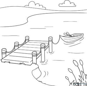 Black and white line art of a wooden dock extending over water, featuring clear outlines for easy coloring by children.