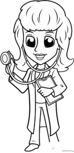 A friendly cartoon doctor wearing a lab coat and stethoscope, featuring clear, bold outlines perfect for young children to color.