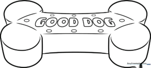 A clean, black-and-white line art illustration of a classic bone-shaped dog biscuit, featuring bold outlines perfect for young children to color.