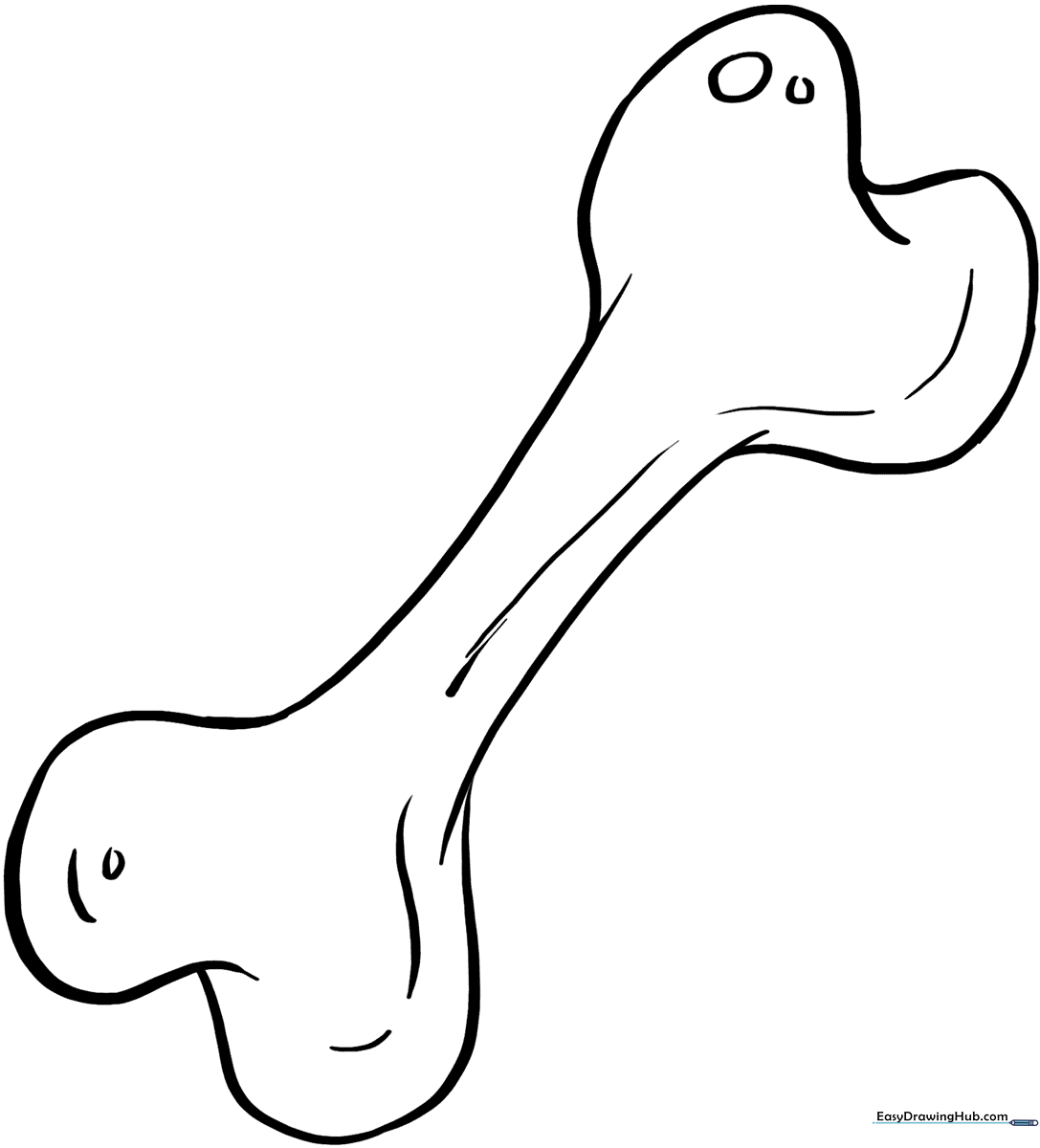 A clean, bold-lined illustration of a classic dog bone with rounded edges, designed for children to color with crayons or markers.