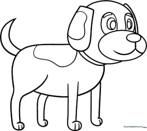 A clean, black-and-white line art illustration of a friendly cartoon puppy with large, expressive eyes, designed for children to color.