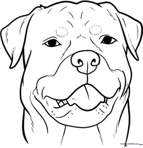 A clean, black-and-white line art illustration of a friendly dog face with large expressive eyes, perfect for children to color.