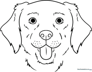Black and white line art of a friendly cartoon dog head with large expressive eyes, perfect for children to color with crayons or markers.