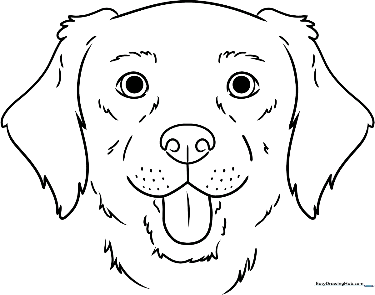Black and white line art of a friendly cartoon dog head with large expressive eyes, perfect for children to color with crayons or markers.
