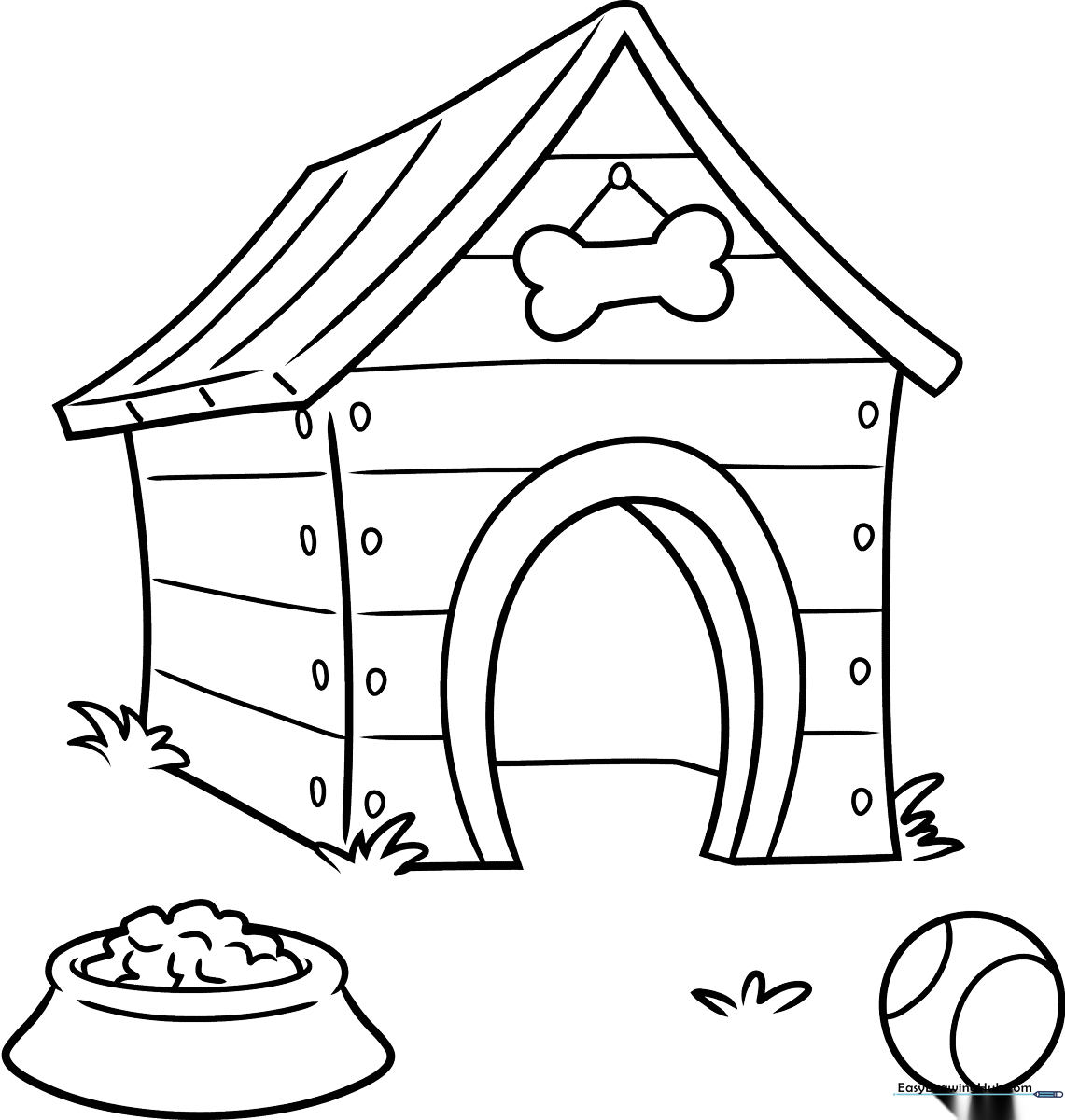 Black and white line art of a classic wooden dog house with a peaked roof, ready for children to color.