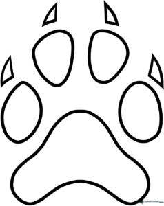 Black and white line art of a dog paw print featuring one large central pad and four smaller toe pads, designed for children to color.