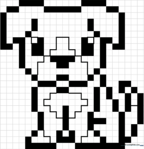 A simple pixel art dog design on a square grid, featuring distinct blocks for the ears, snout, and body, designed for children to practice precision coloring.