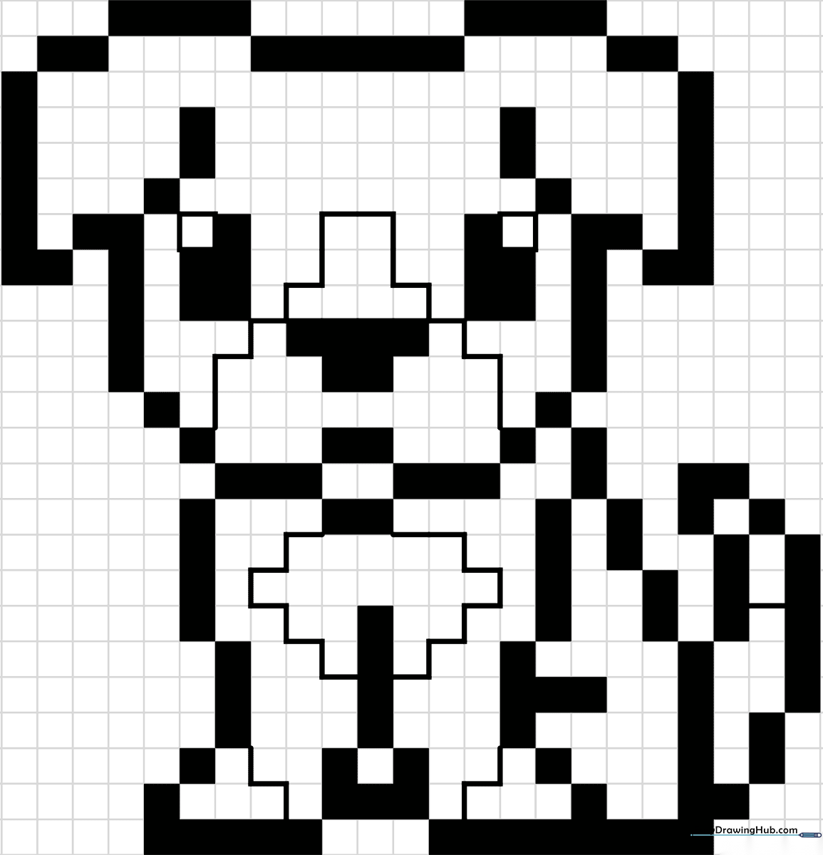 A simple pixel art dog design on a square grid, featuring distinct blocks for the ears, snout, and body, designed for children to practice precision coloring.