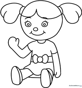 Black and white line art of a friendly doll with simple features, perfect for children to color with markers or crayons.
