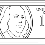 Black and white line art of a US dollar bill featuring George Washington, designed for children to color with markers or crayons.
