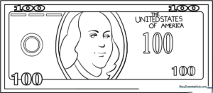 Black and white line art of a US dollar bill featuring George Washington, designed for children to color with markers or crayons.