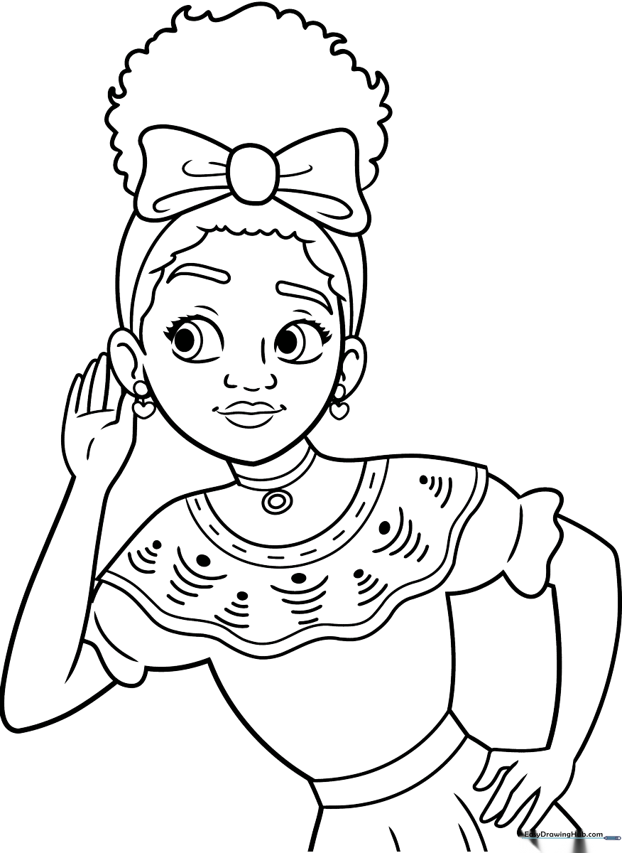 Black and white line art of Dolores Madrigal from Encanto, featuring her signature curly hair and traditional dress, ready for coloring.