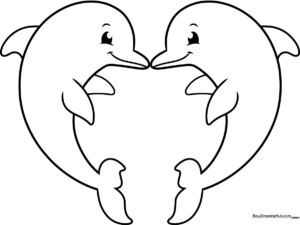 Black and white line art of two dolphins forming a heart shape, designed for children to color with crayons or markers.