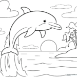 A line-art illustration of a dolphin leaping above ocean waves with a setting sun in the background, ready for coloring.