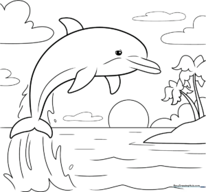 A line-art illustration of a dolphin leaping above ocean waves with a setting sun in the background, ready for coloring.