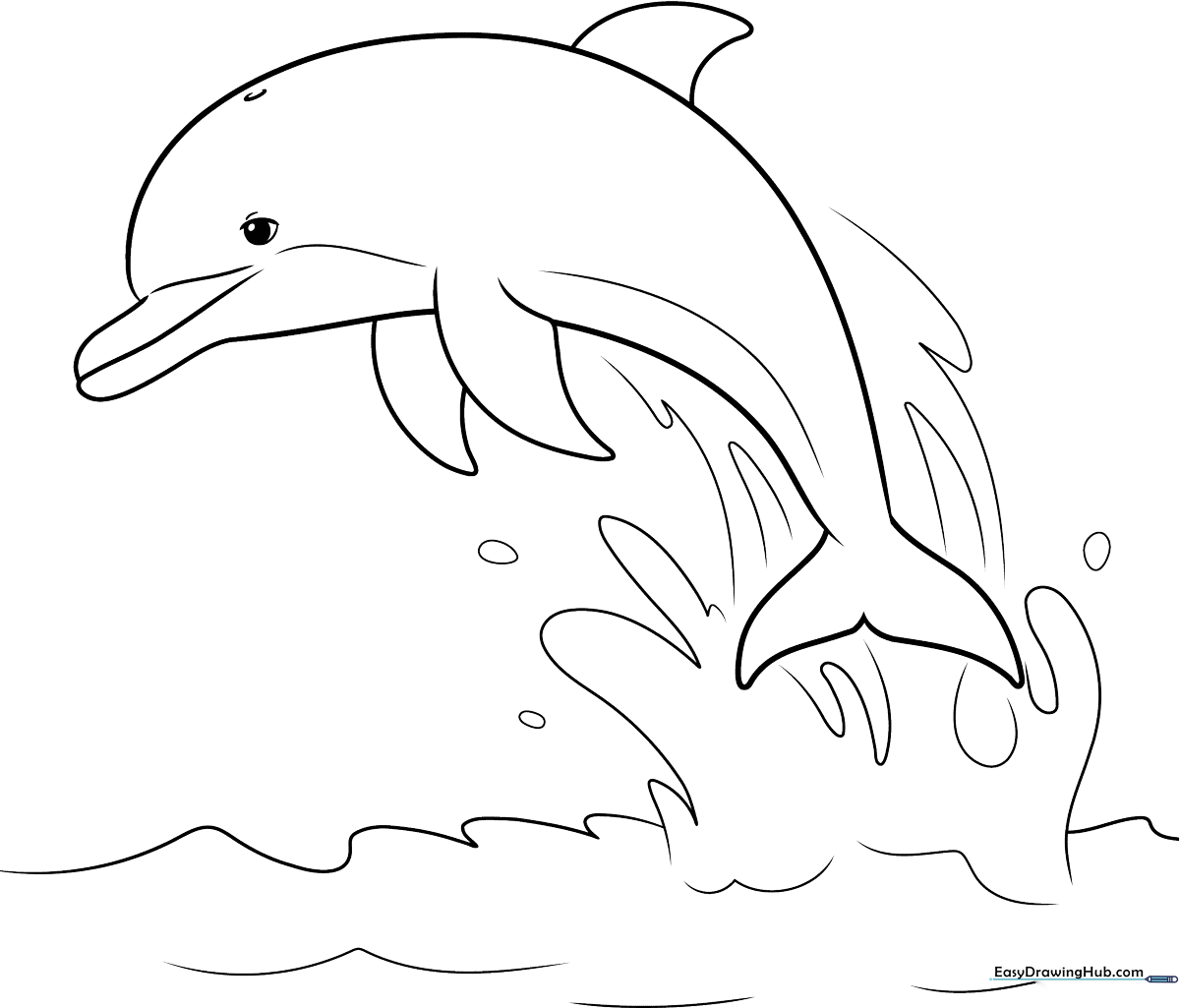 A friendly cartoon dolphin mid-leap above stylized ocean waves, featuring clear outlines for easy coloring by children.