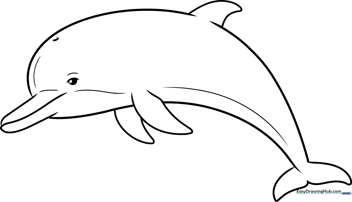 Clean black and white line art of a jumping dolphin, featuring bold outlines for easy coloring by children.