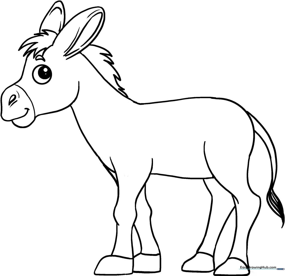Black and white line art of a cute donkey standing, featuring clear outlines for children to color, suitable for preschool and elementary art projects.
