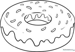 A clean, black-and-white line art illustration of a round donut with thick icing and sprinkles, designed for children to color.
