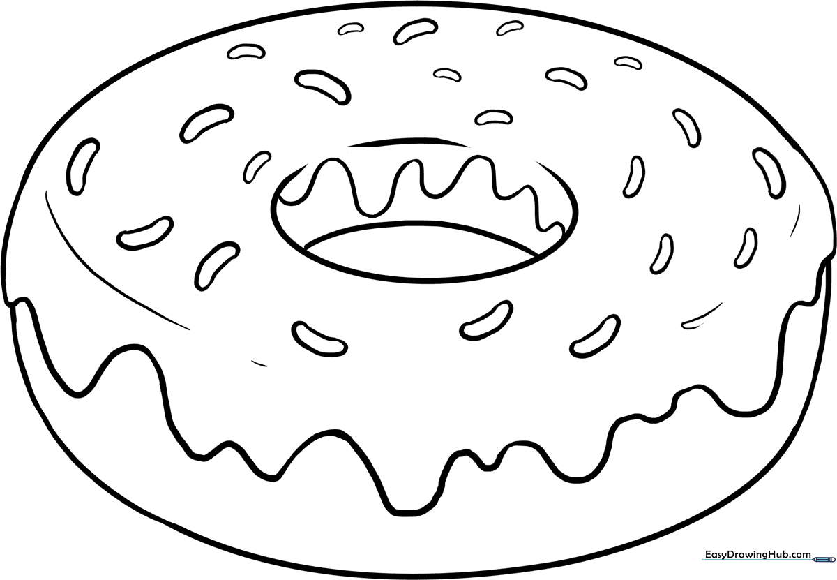 A clean, black-and-white line art illustration of a round donut with thick icing and sprinkles, designed for children to color.