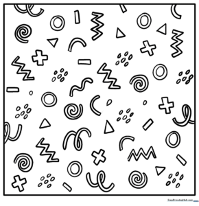 Black and white doodle pattern coloring sheet featuring various geometric shapes and organic lines for kids to color.