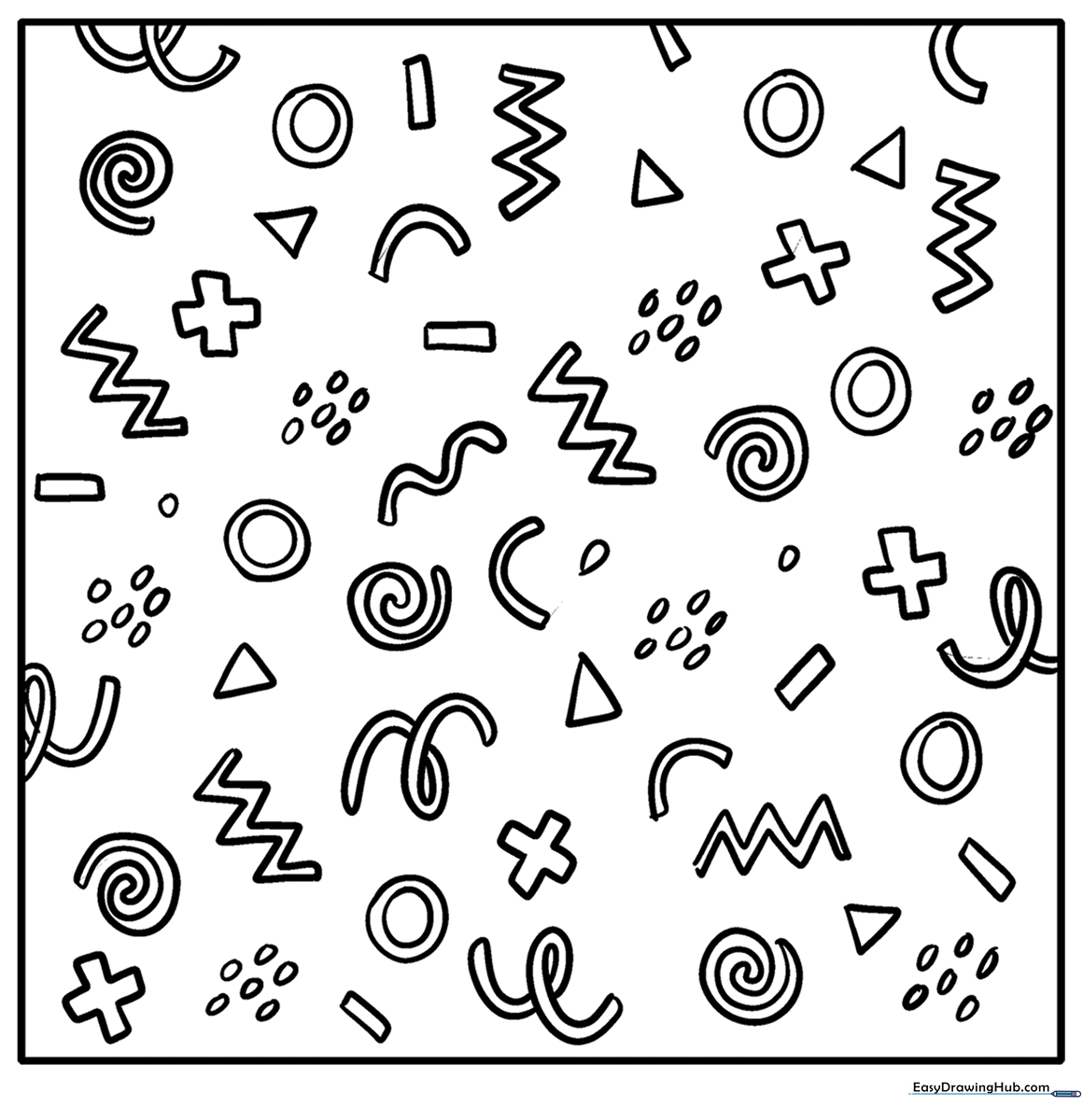 Black and white doodle pattern coloring sheet featuring various geometric shapes and organic lines for kids to color.