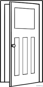 A clean, black-and-white line art illustration of a simple wooden door with a round knob, designed for children to color.