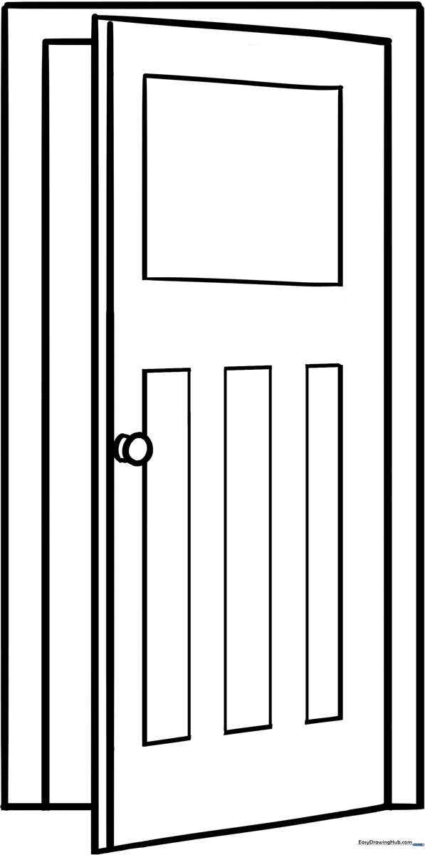 A clean, black-and-white line art illustration of a simple wooden door with a round knob, designed for children to color.