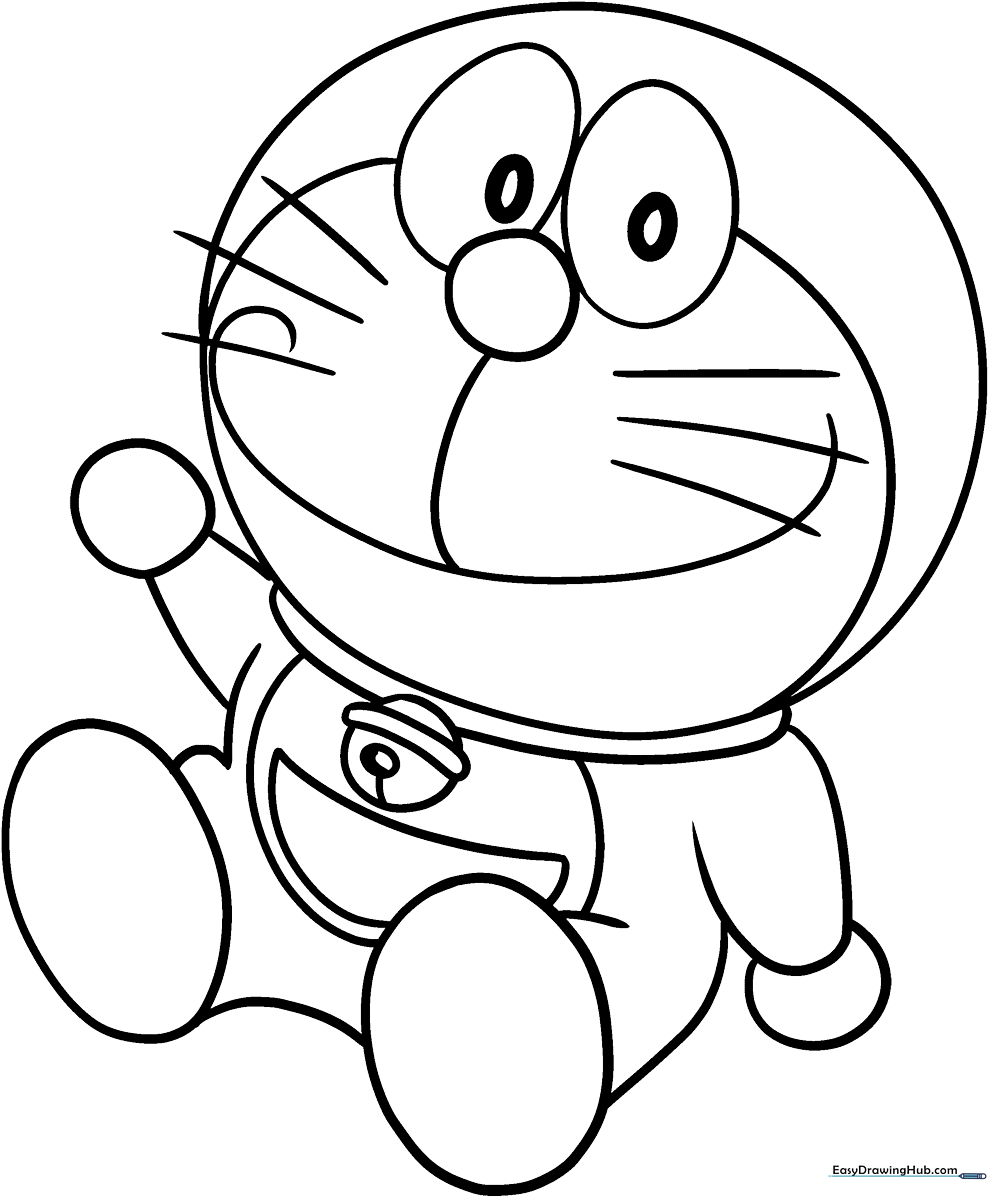 Black and white line art of Doraemon standing with a friendly expression, featuring clear outlines for easy coloring by children.