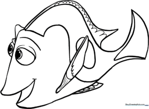 Clean, bold-lined coloring page of Dory the fish, featuring large areas for easy coloring and clear outlines for young children to practice staying within the lines.