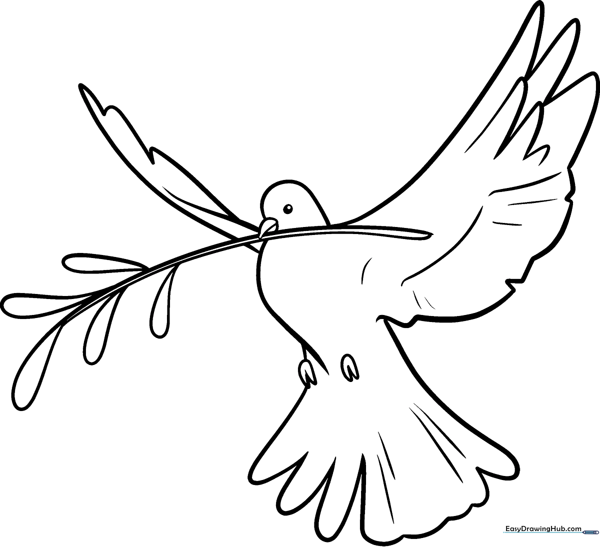 Black and white line art of a dove in flight, featuring clear outlines for easy coloring and educational practice.