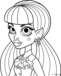 Black and white line art of Draculaura from Monster High featuring her signature pigtails and stylish outfit, ready for coloring.