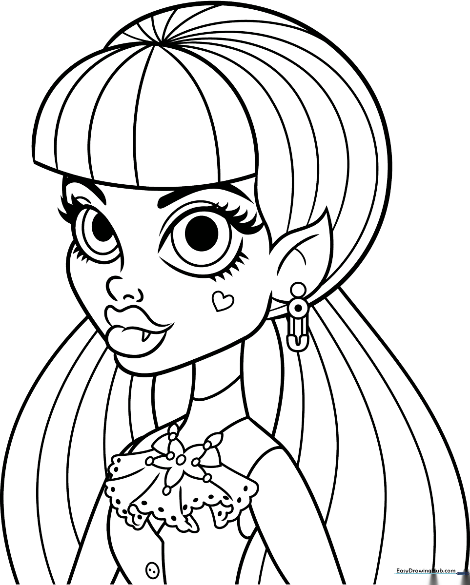 Black and white line art of Draculaura from Monster High featuring her signature pigtails and stylish outfit, ready for coloring.