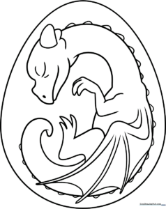 Detailed line art of a dragon egg with textured scales, ready for children to color with markers or crayons.