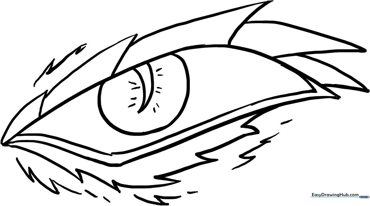 Detailed dragon eye illustration with sharp scales and a vertical pupil, designed for coloring with pencils or markers.