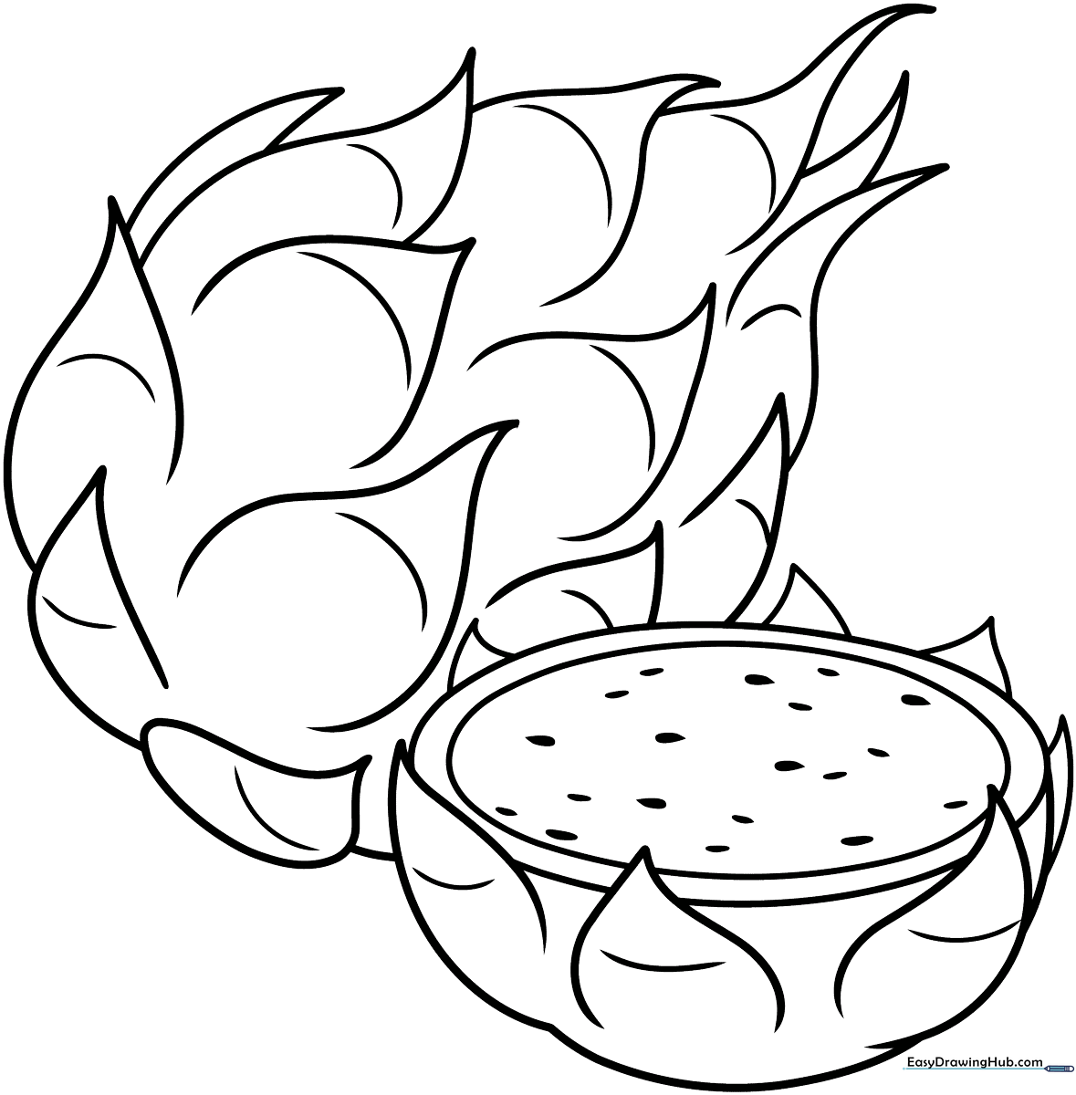 Black and white line art of a dragon fruit with distinct scales and seeds, ready for children to color.