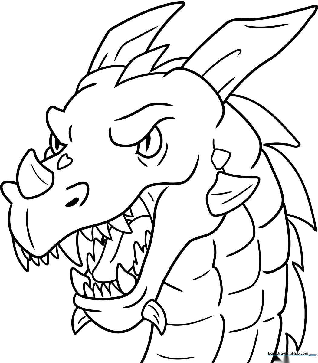 Black and white line art of a friendly dragon head with large eyes and detailed scales, ready for children to color.
