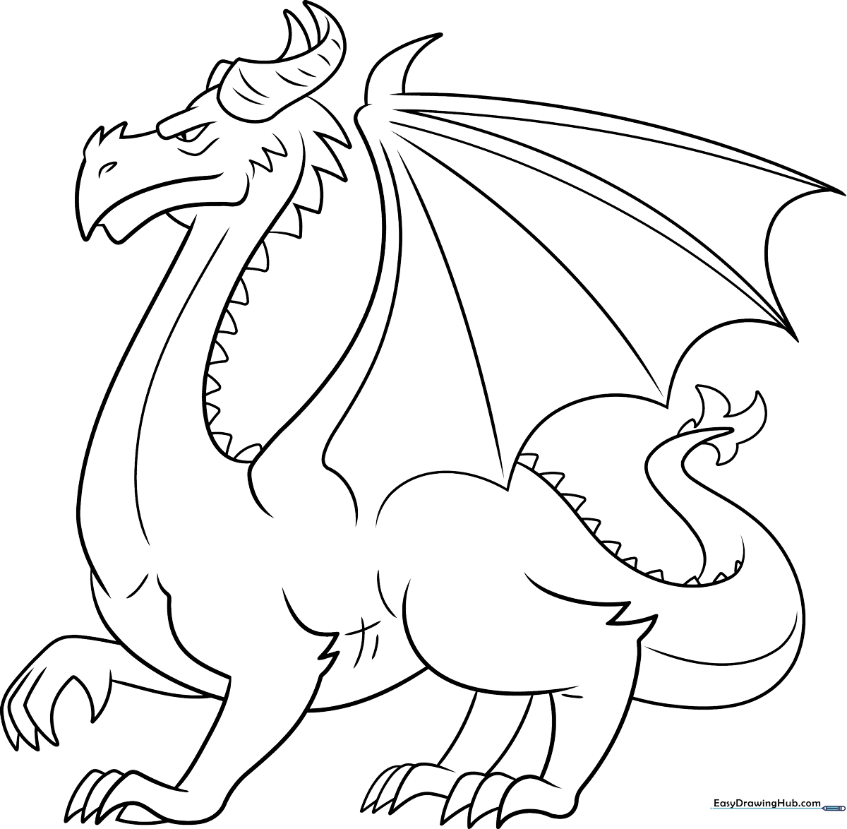 Black and white line art of a friendly cartoon dragon with large wings and a long tail, designed for children to color.