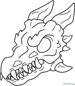Black and white line art of a dragon skull featuring large eye sockets, sharp teeth, and curved horns, designed for children to color.