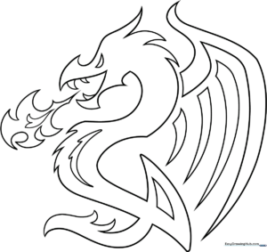 Black and white line art of a stylized dragon tattoo featuring intricate scales and flowing curves, designed for coloring practice.
