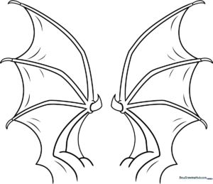 Black and white line art of majestic dragon wings with detailed membrane textures, ready for children to color with markers or crayons.